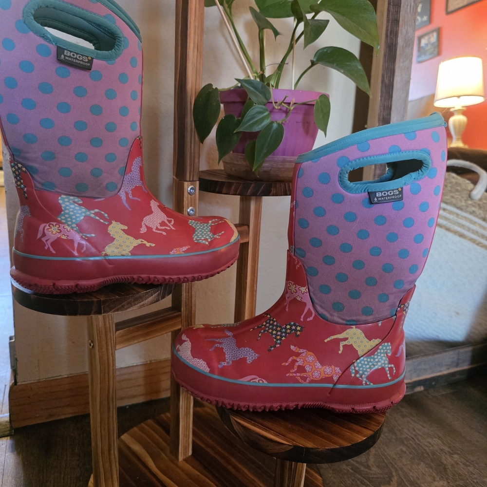 BOGS Kids Red and Teal Polka Dot Rain Boots